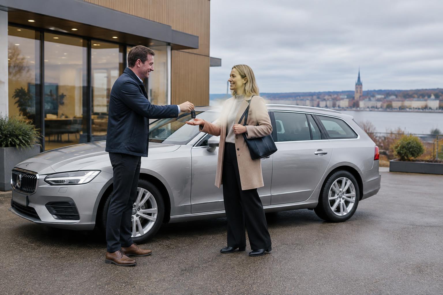 Illustrativ bild av en bilöverlämning vid en silverfärgad kombi